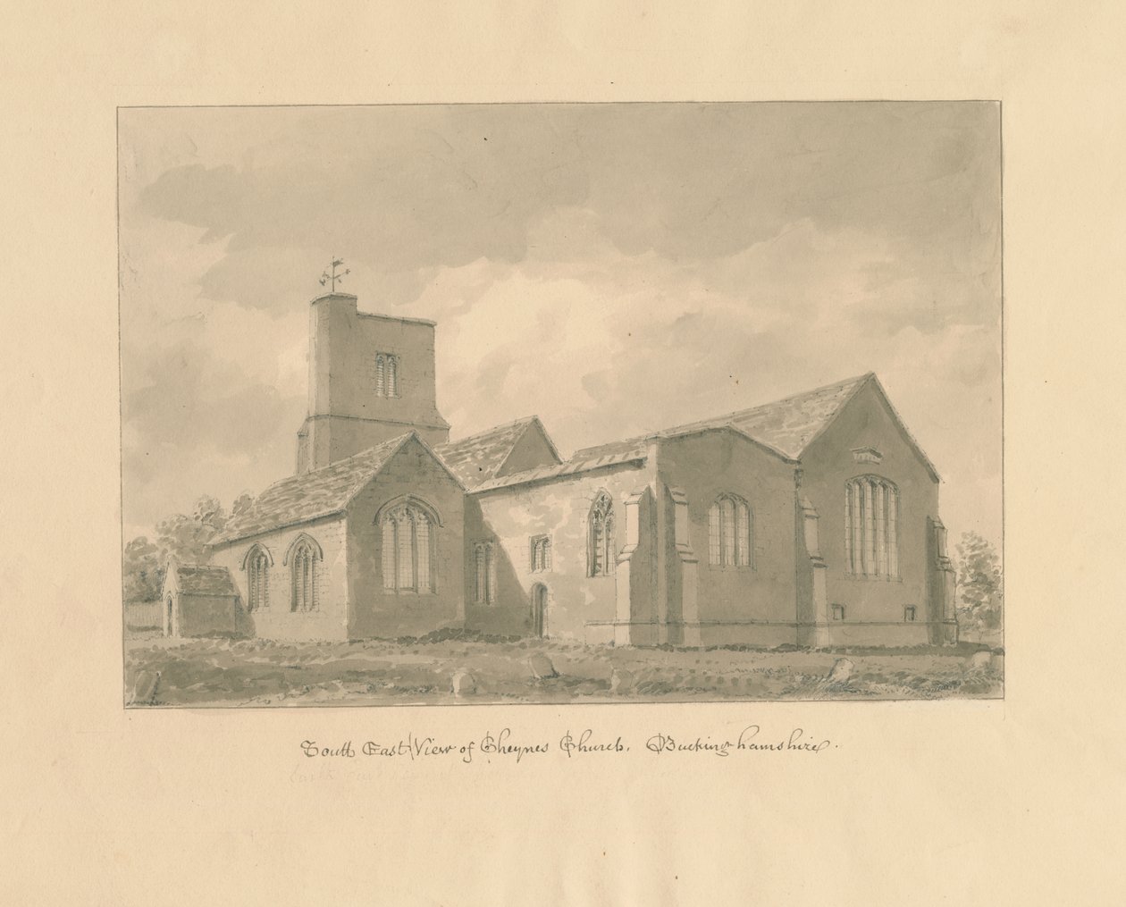 Buckinghamshire - Chenies Church: seepiapiirustus, 1824 tekijältä John Buckler