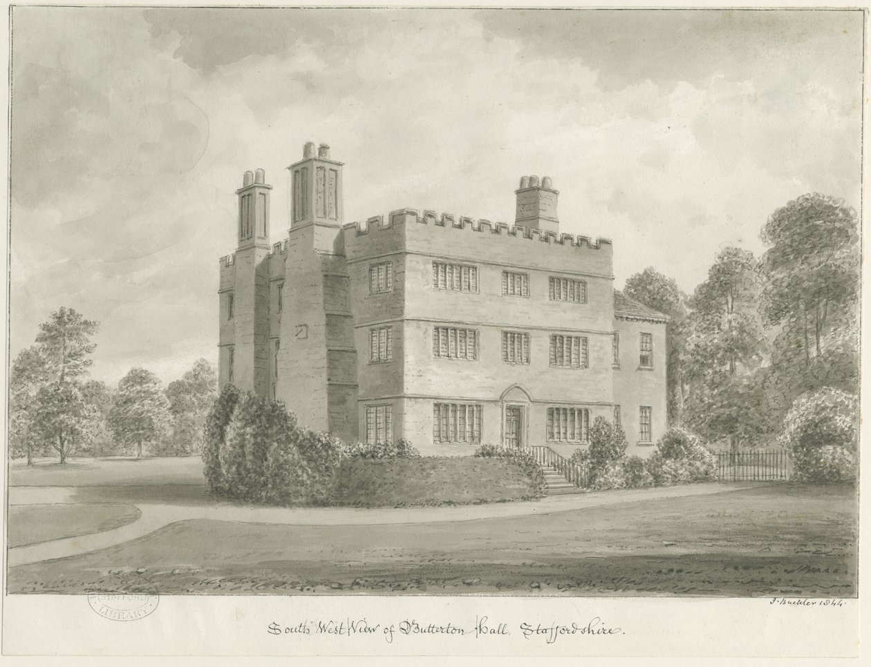 Butterton Hall: seepiapiirustus, 1844 tekijältä John Buckler