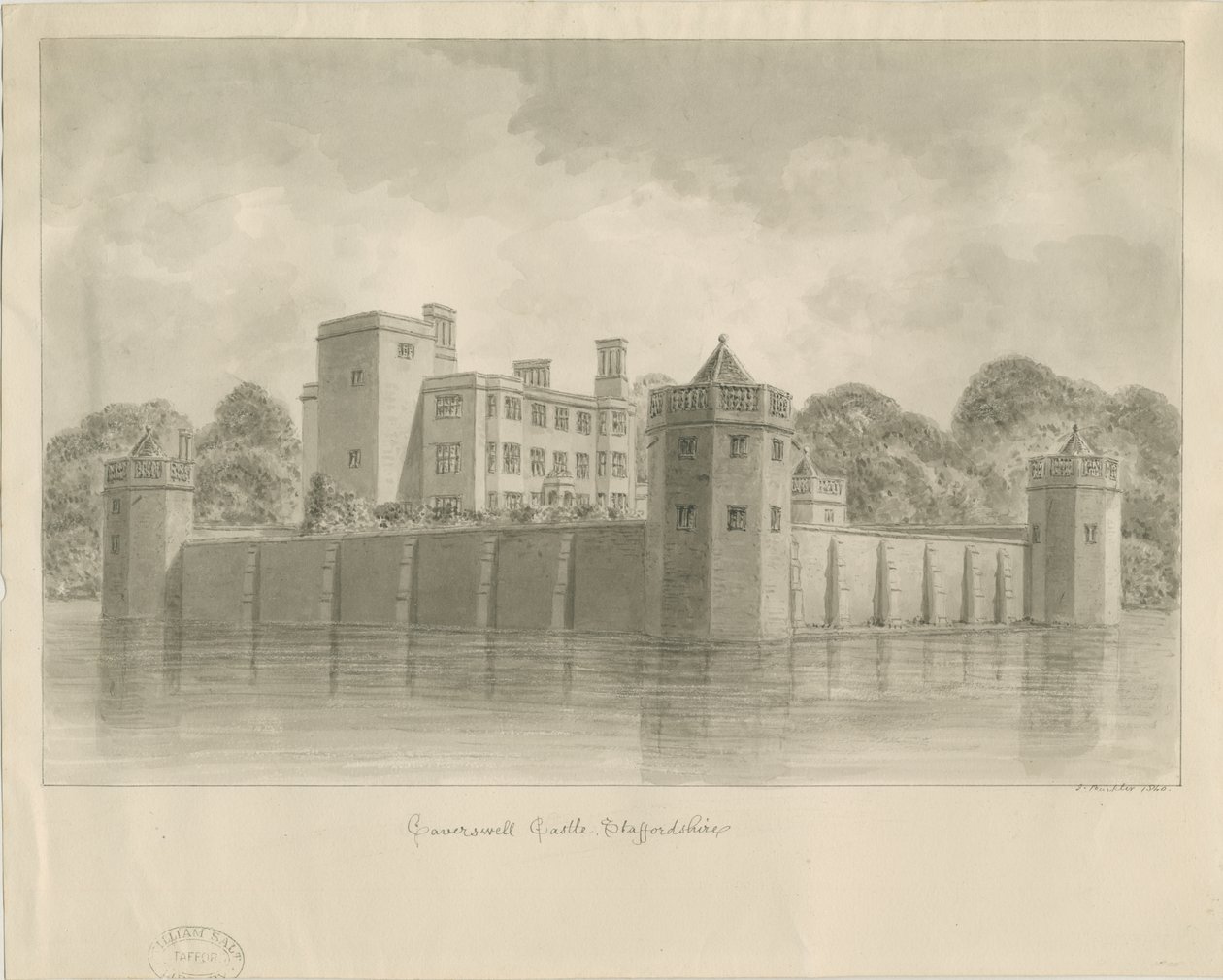 Caverswall Castle: seepiapiirros tekijältä John Buckler