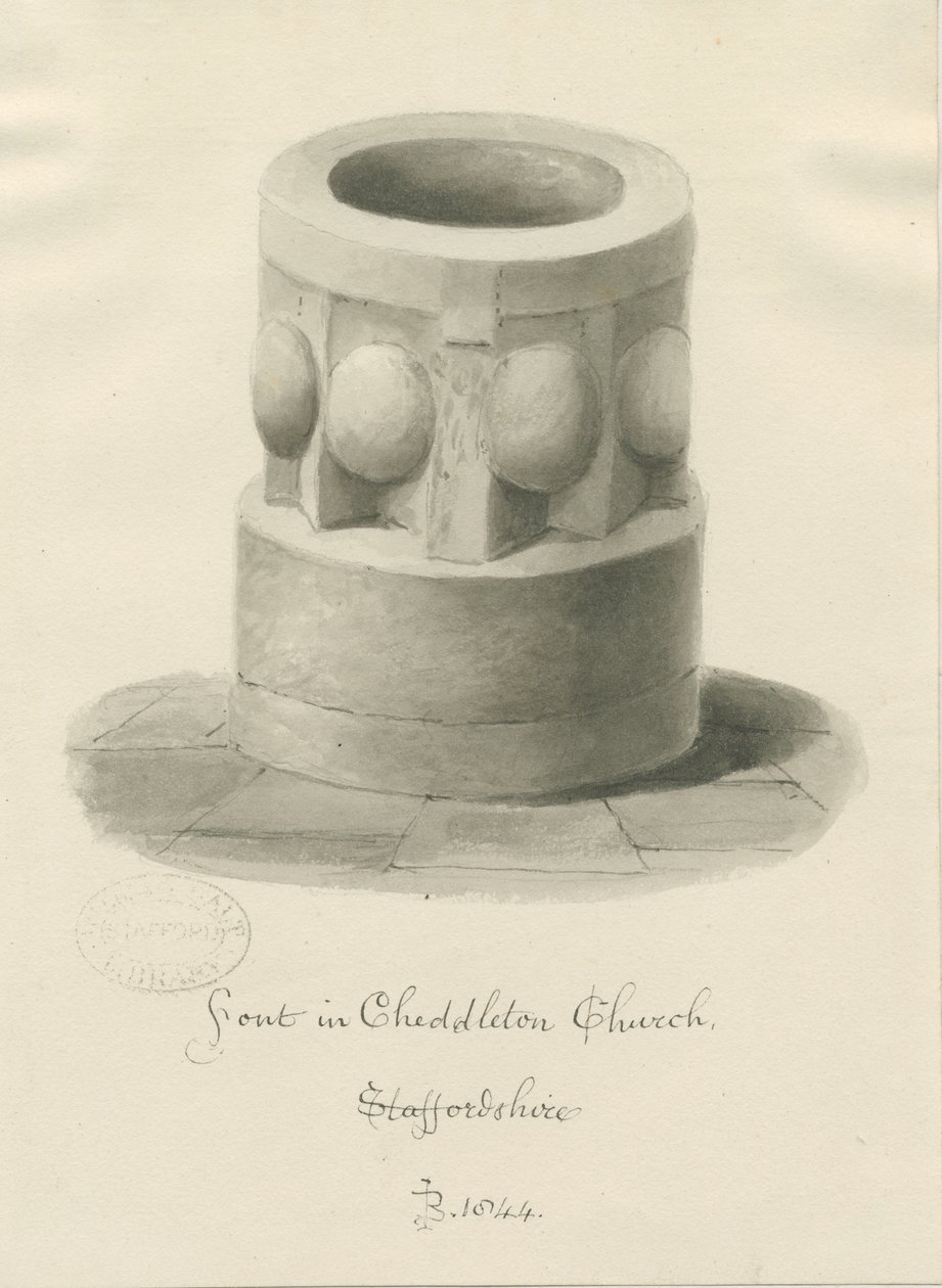 Fontti Cheddleton Churchissa: seepiapiirros, 1844 tekijältä John Buckler