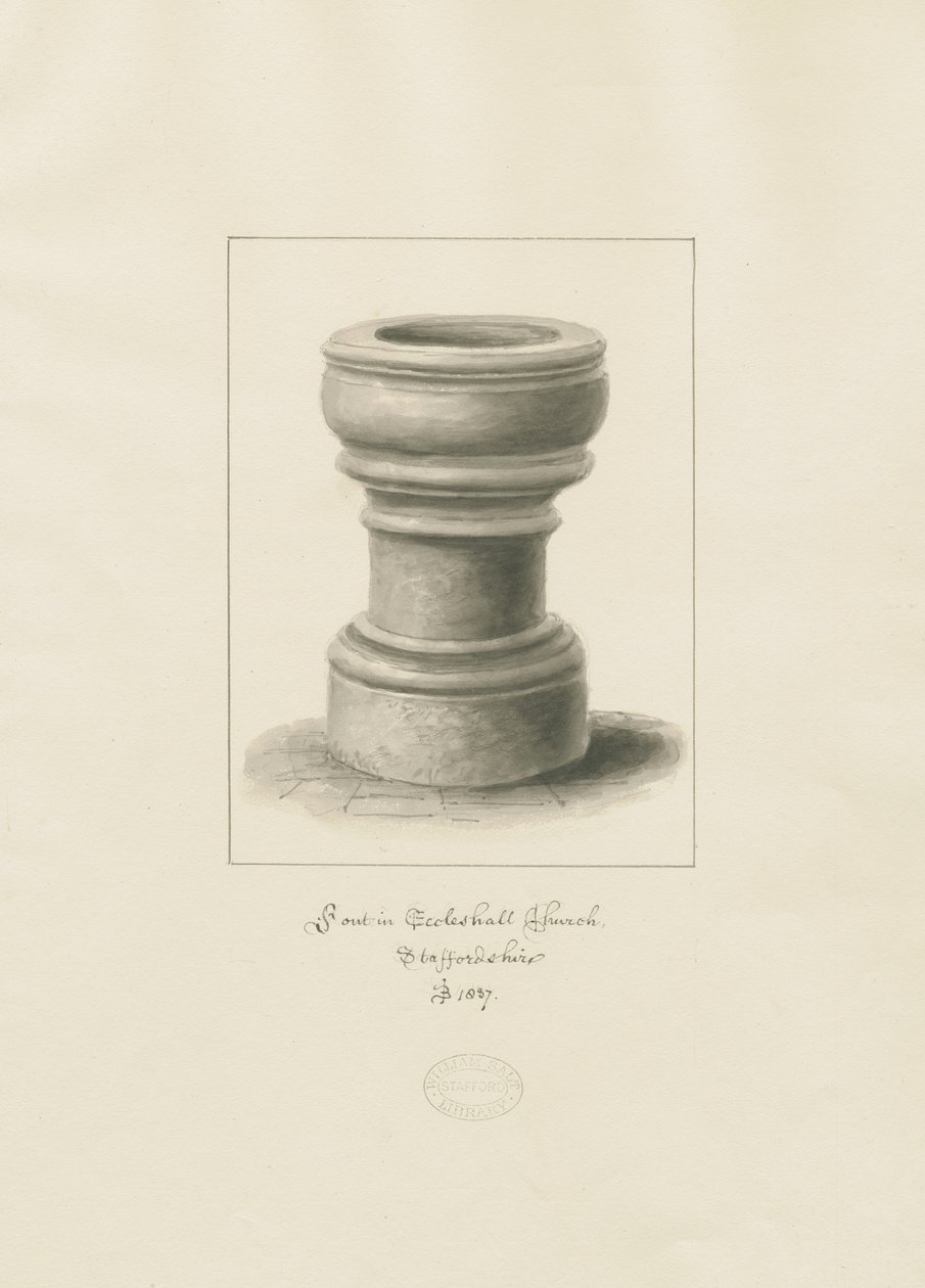 Fontti Eccleshall Churchissa: seepiapiirros tekijältä John Buckler