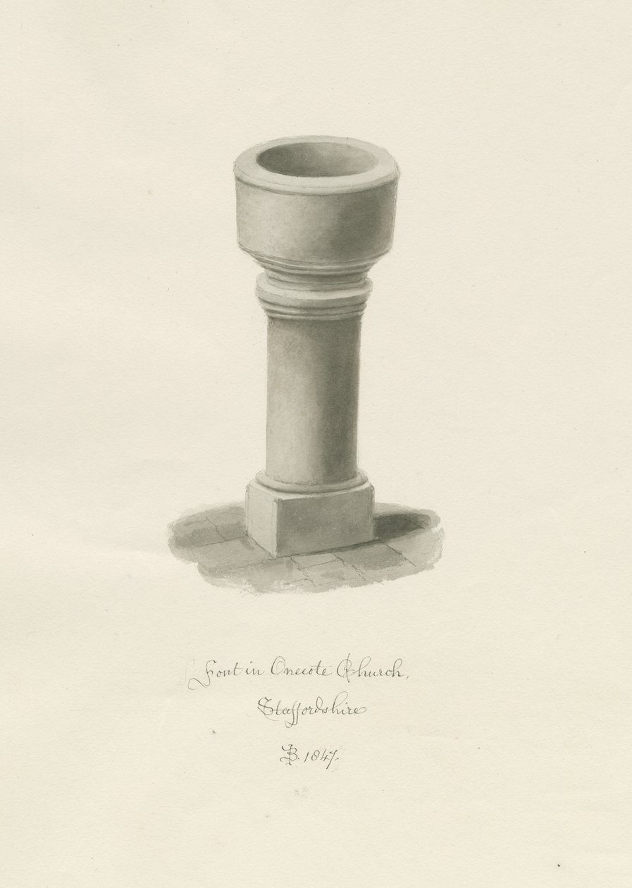 Fontti Onecoten kirkossa: seepiapiirros, 1847 tekijältä John Buckler