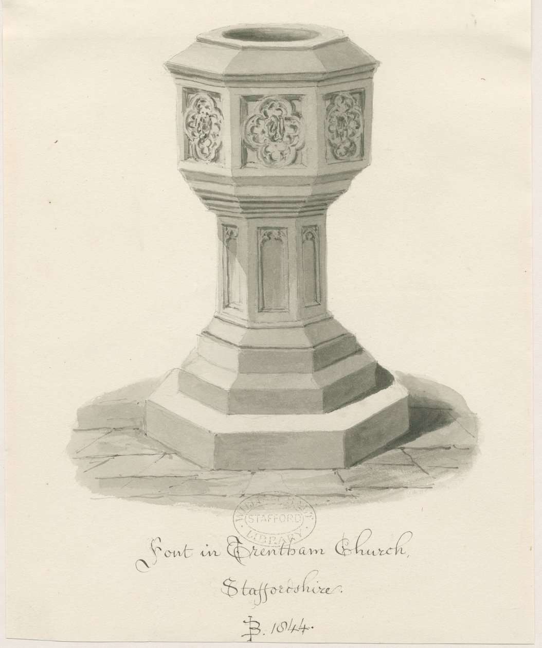 Fontti Trentham Churchissa: seepiapiirros, 1844 tekijältä John Buckler