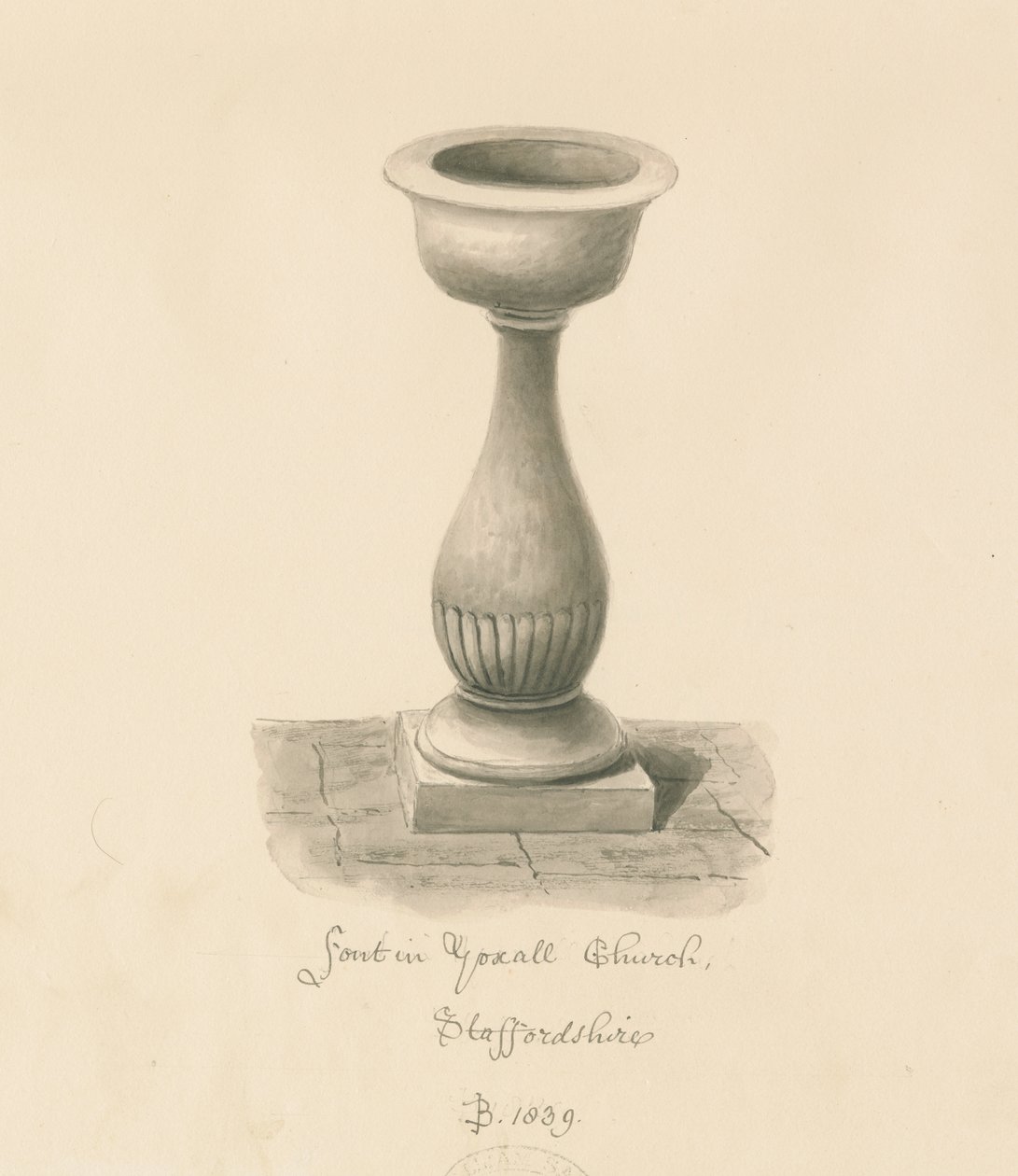 Fontti Yoxall-kirkossa: seepiapiirros, 1839 tekijältä John Buckler