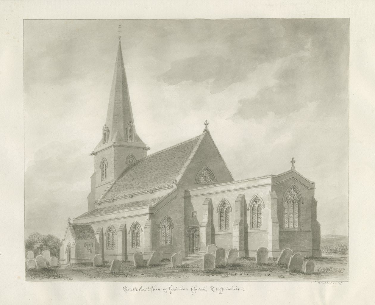 Grindon Church: seepiapiirustus tekijältä John Buckler