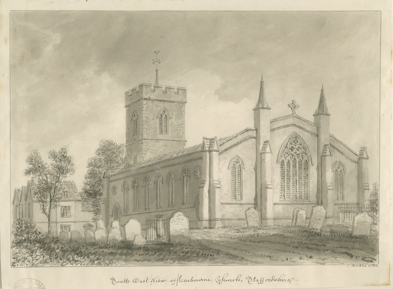 Harborne Church: seepiapiirustus tekijältä John Buckler