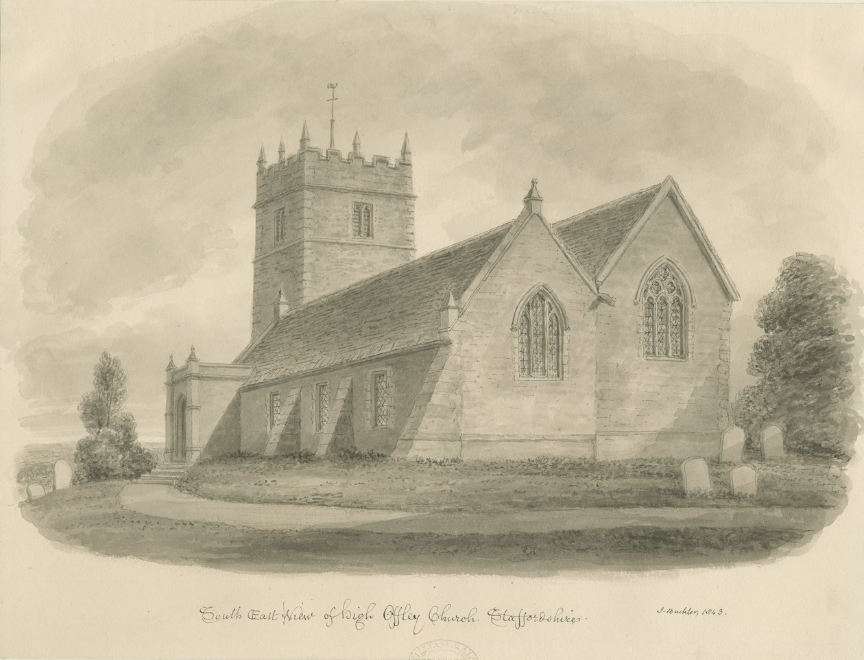 High Offley Church: seepiapiirros tekijältä John Buckler