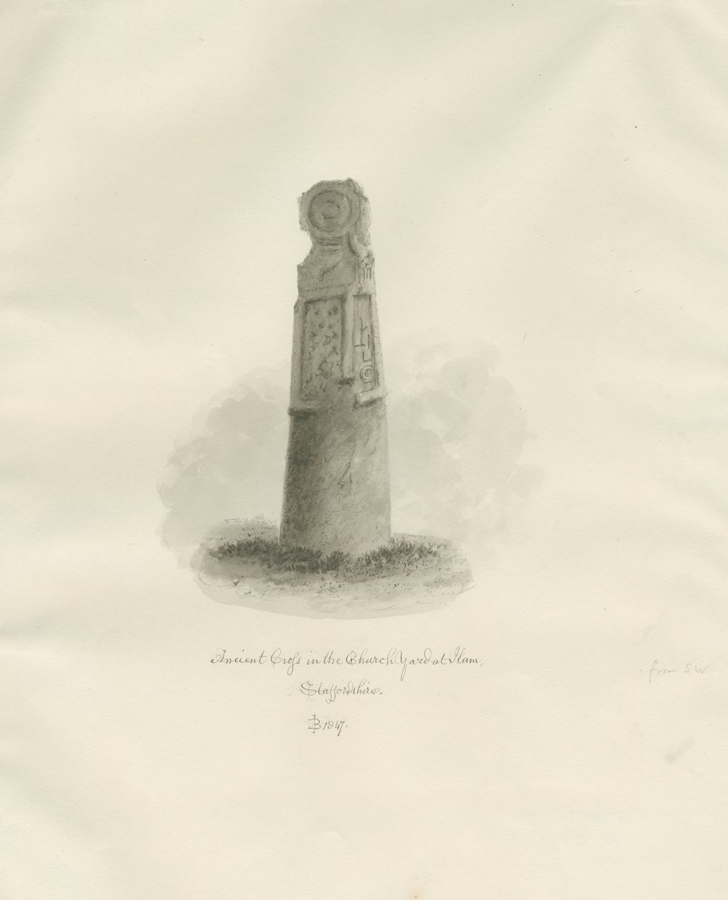Ilam Church - Muinainen risti: seepiapiirros tekijältä John Buckler