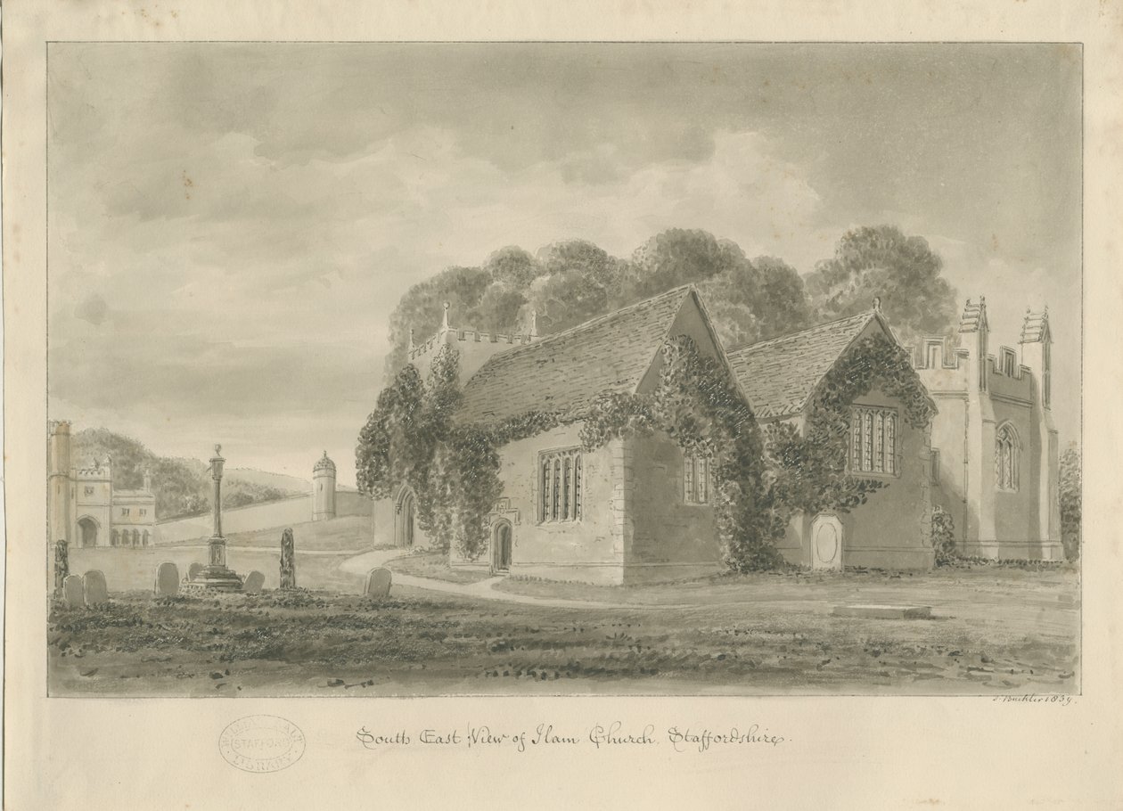 Ilam Church: seepiapiirustus, 1839 tekijältä John Buckler