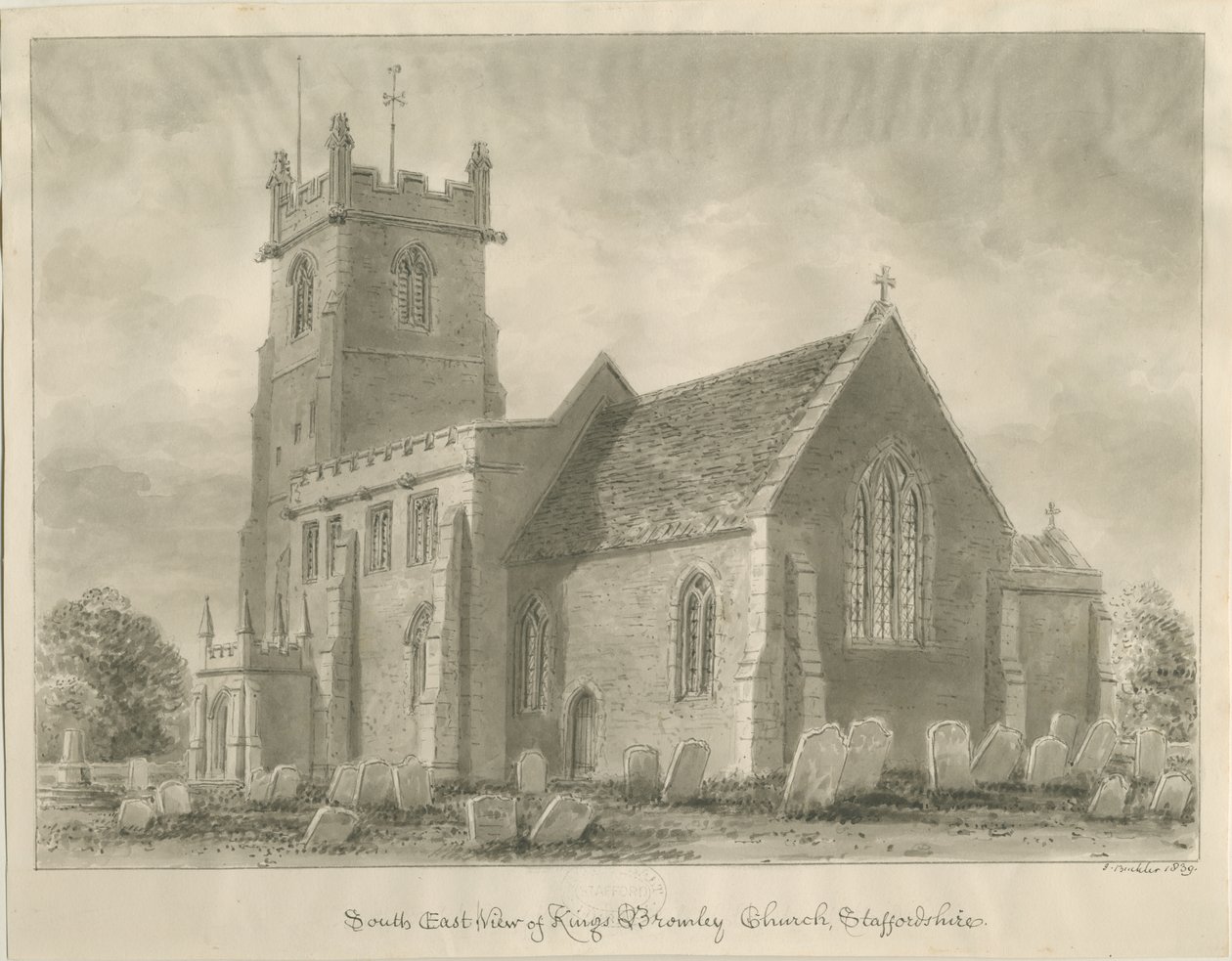 Kings Bromley Church: seepiapiirustus, 1839 tekijältä John Buckler