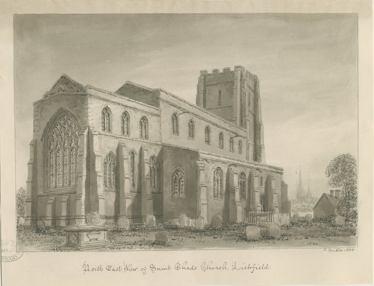 Lichfield - St. Chadin kirkko: seepiapiirros tekijältä John Buckler