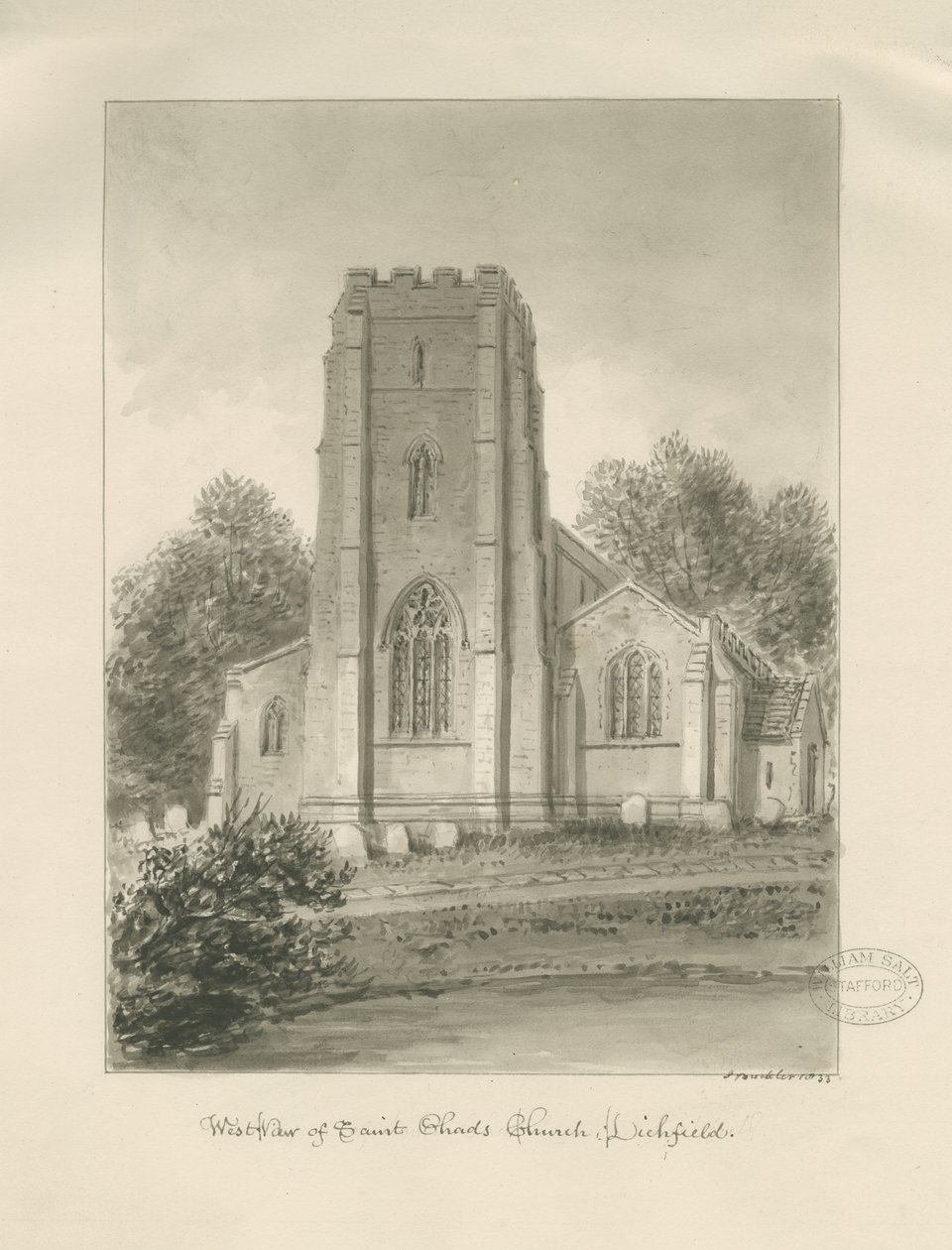Lichfield - St. Chadin kirkko: seepiapiirros tekijältä John Buckler