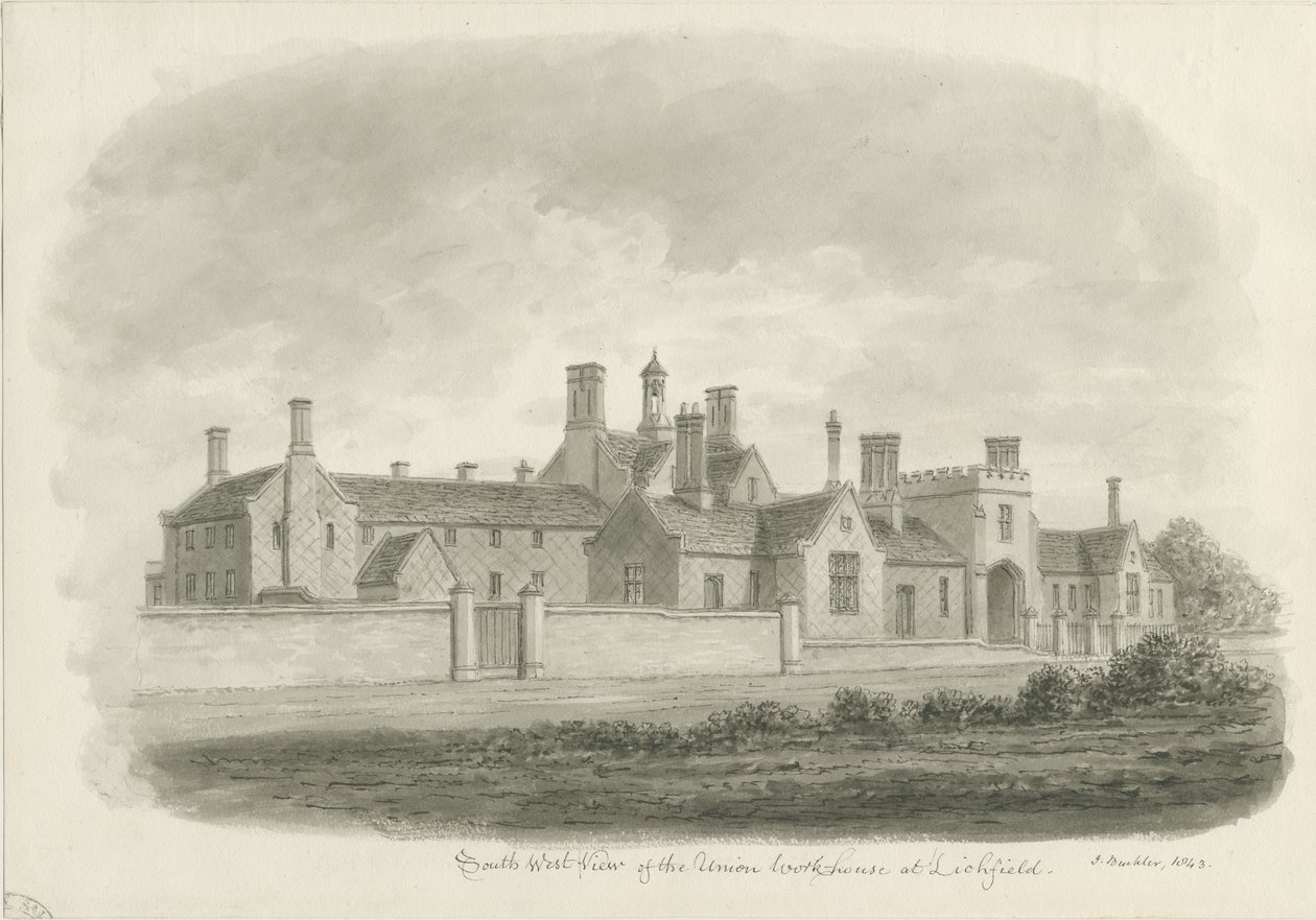 Lichfield - Union Workhouse: seepiapiirustus tekijältä John Buckler