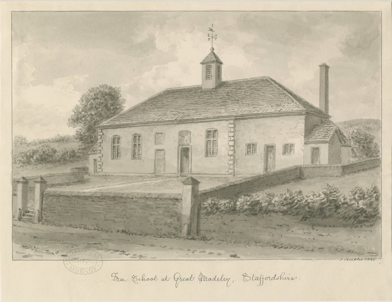 Madeley - Vapaa koulu: seepiapiirustus, 1840 tekijältä John Buckler