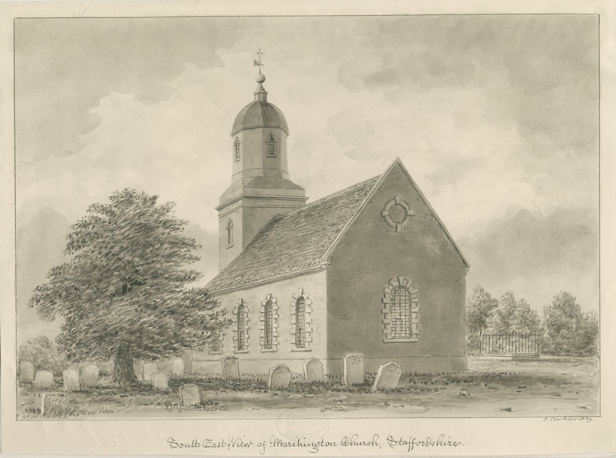 Marchington Church: seepiapiirustus tekijältä John Buckler