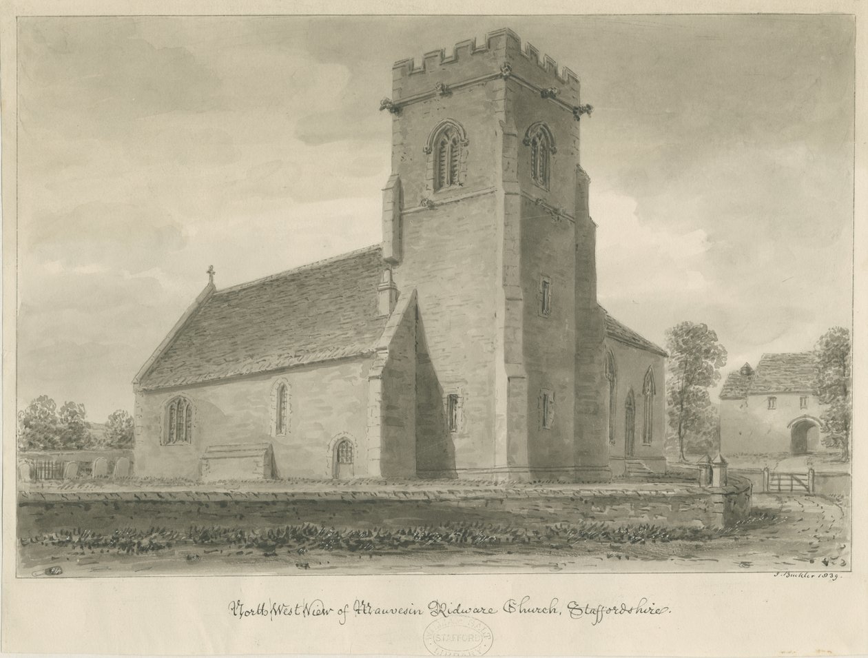 Mavesyn Ridware Church: seepiapiirustus, 1839 tekijältä John Buckler