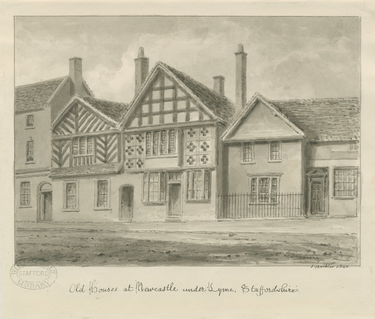 Newcastle-under-Lyme - Vanhat talot: seepiapiirros, 1840 tekijältä John Buckler