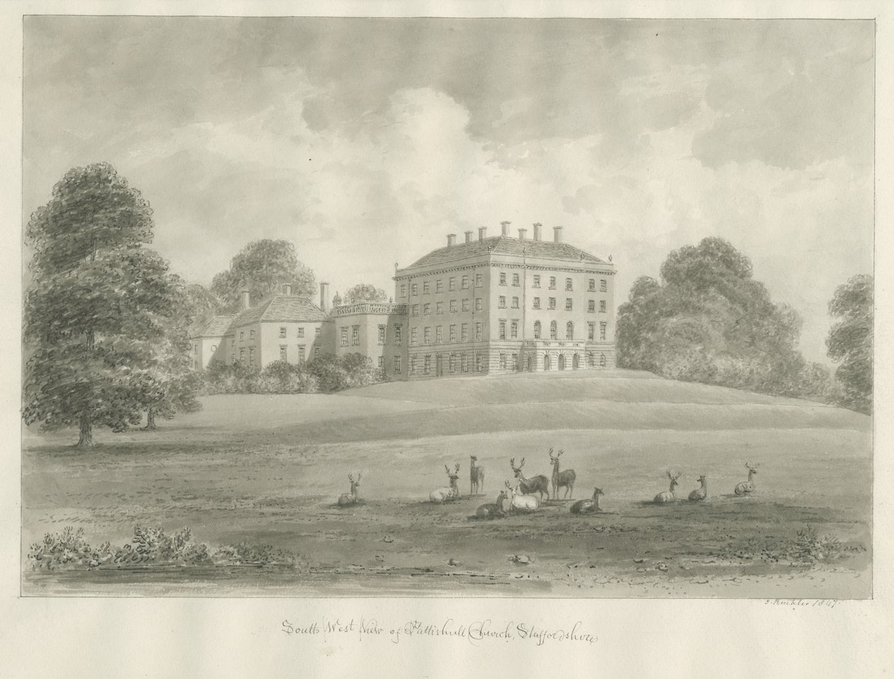 Patshull House: seepiapiirustus, 1847 tekijältä John Buckler