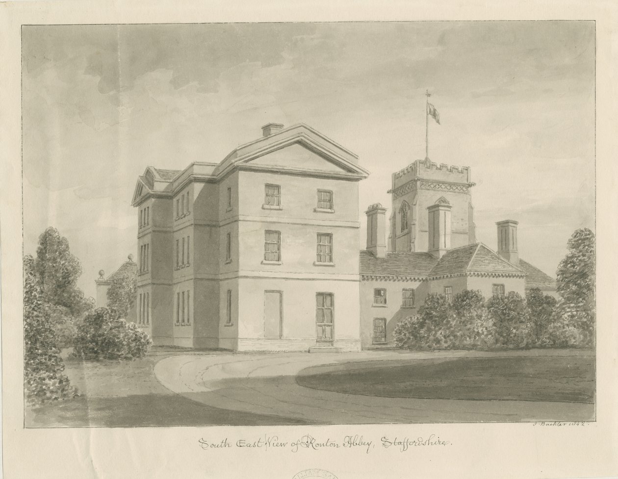 Ranton Abbey [Priory]: seepiapiirustus, 1842 tekijältä John Buckler