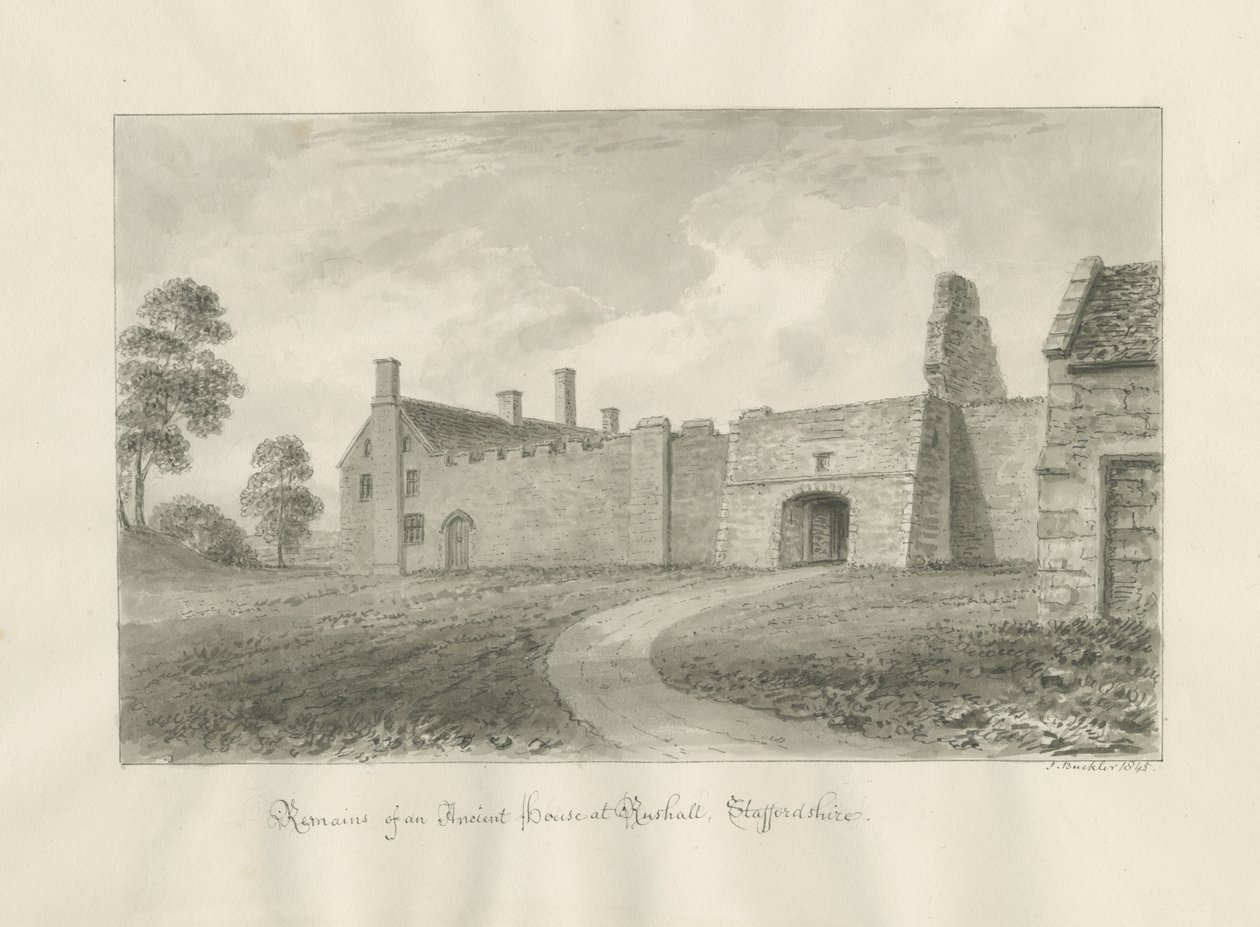 Rushall Hall: seepiapesupiirustus tekijältä John Buckler