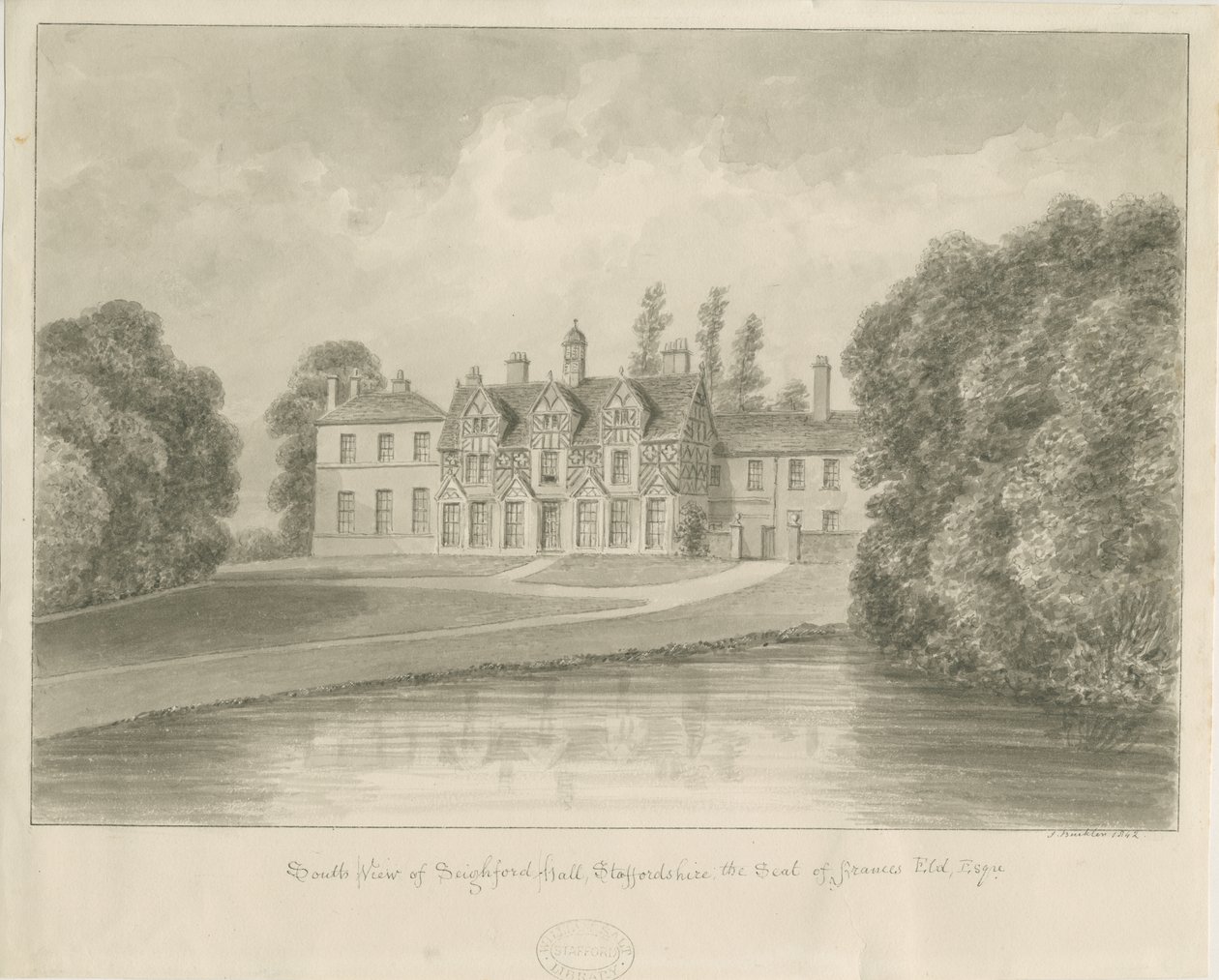 Seighford Hall: seepiapiirustus tekijältä John Buckler