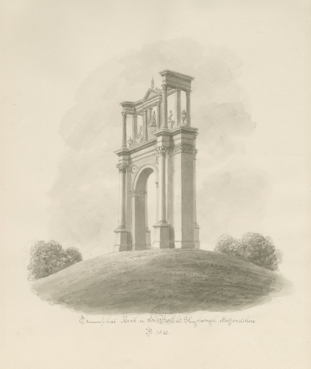 Shugborough - Riemukaari: seepiapiirustus tekijältä John Buckler