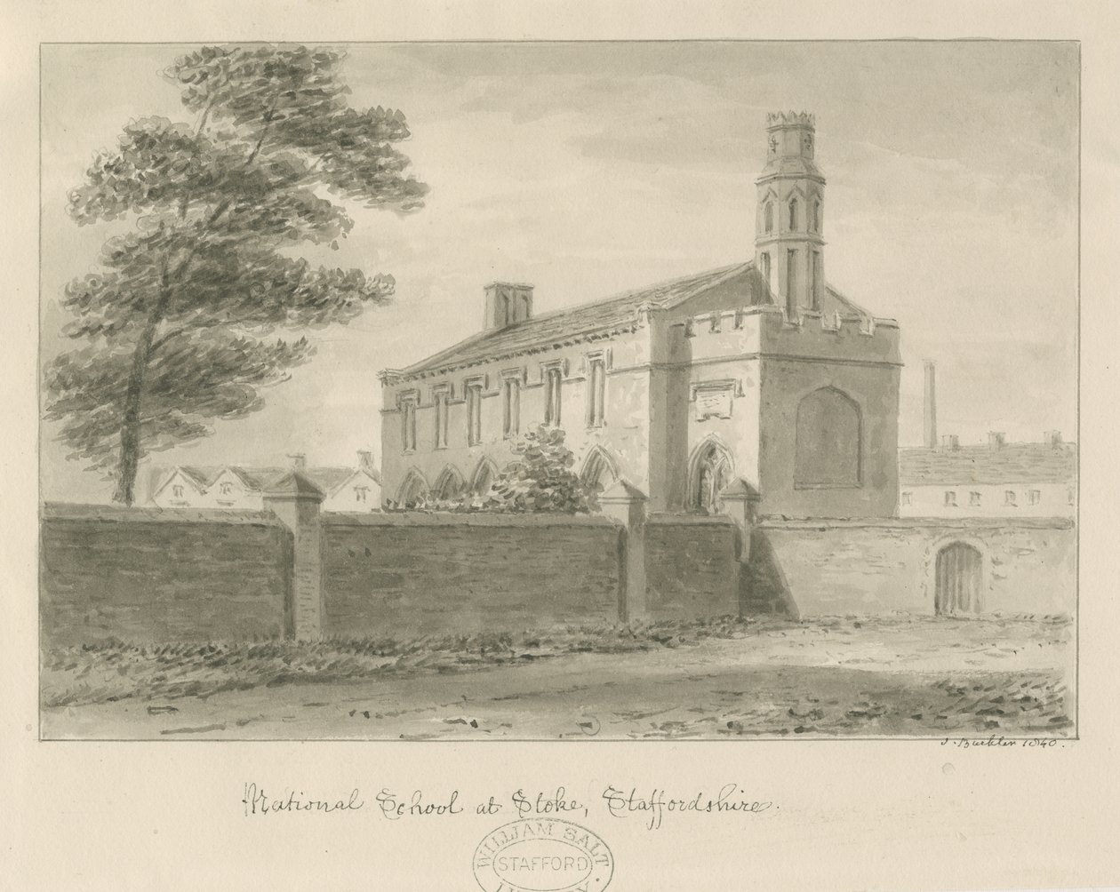 Stoke-upon-Trent - Kansalliskoulu: seepiapiirustus, 1840 tekijältä John Buckler