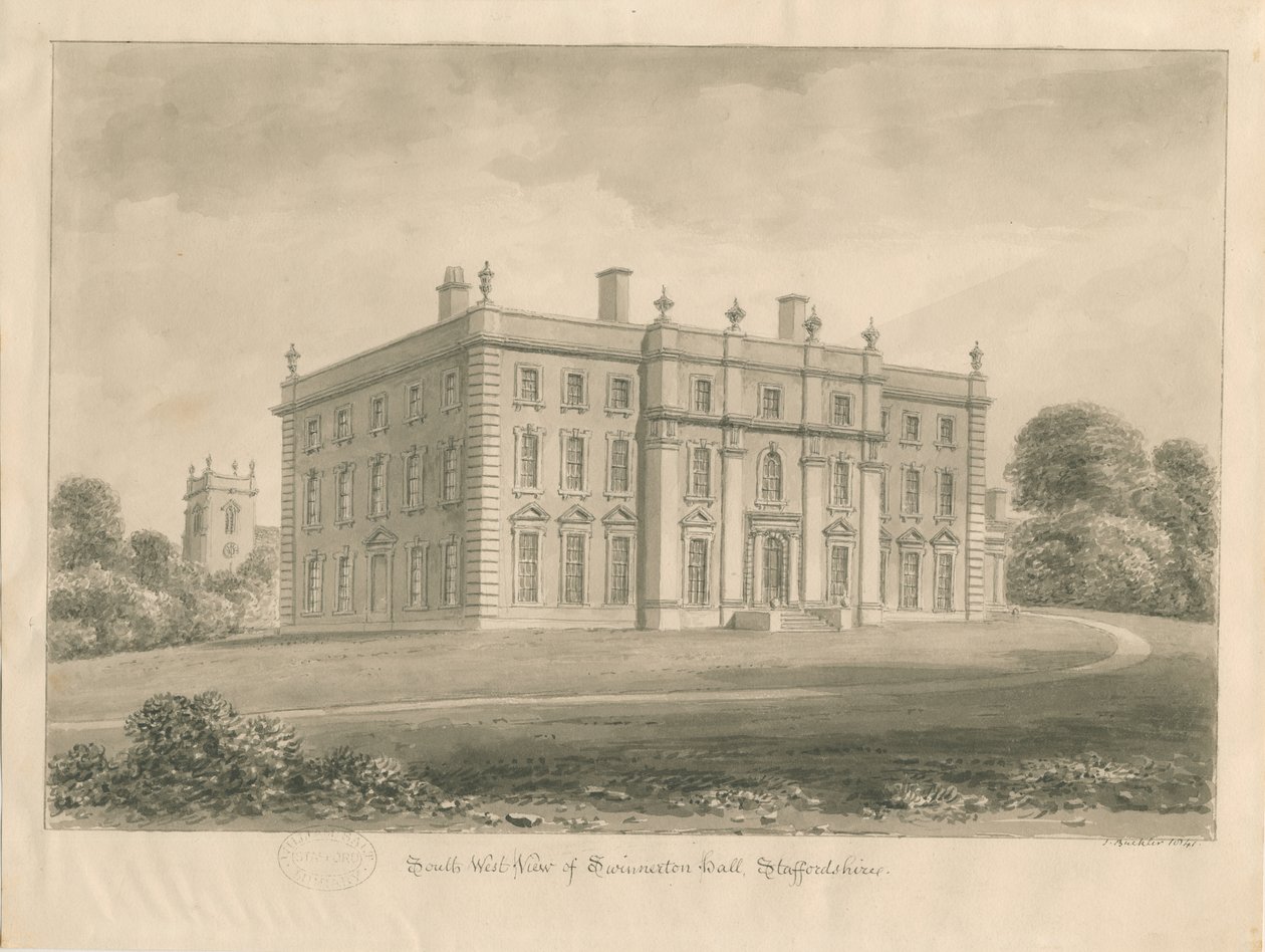 Swynnerton Hall: seepiapiirustus, 1841 tekijältä John Buckler