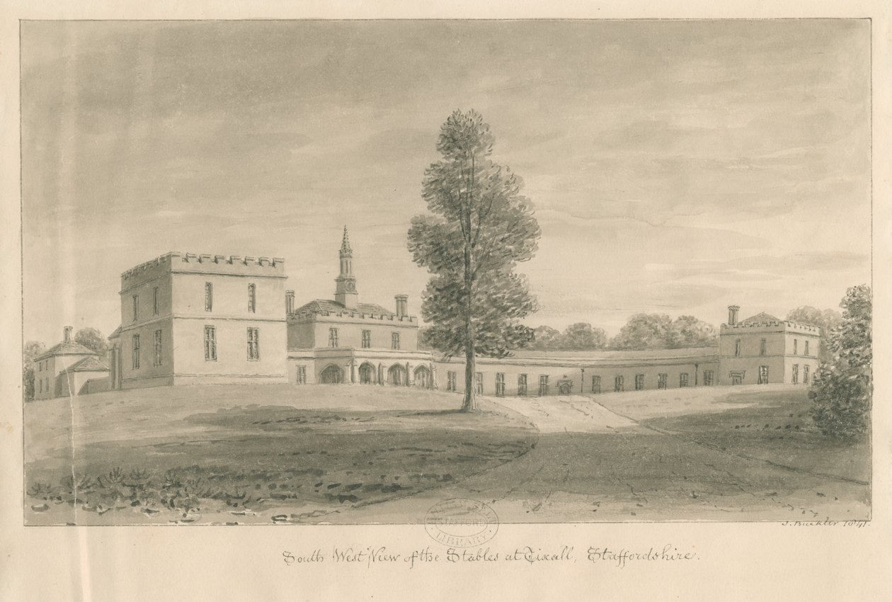 Tixall Hall - Tallit: seepiapiirros, 1841 tekijältä John Buckler