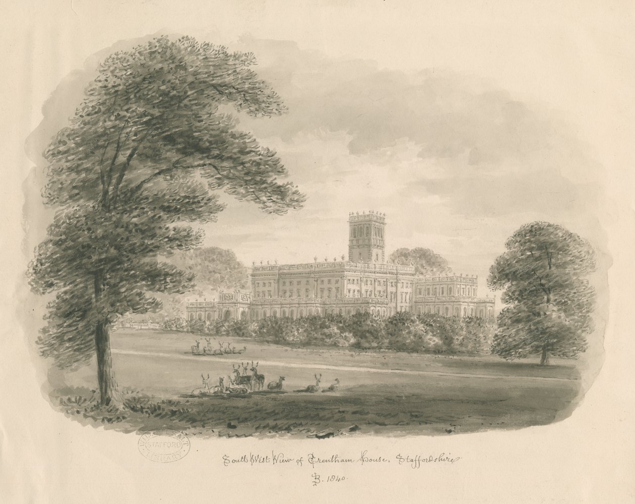 Trentham Hall: seepiapiirustus, 1840 tekijältä John Buckler