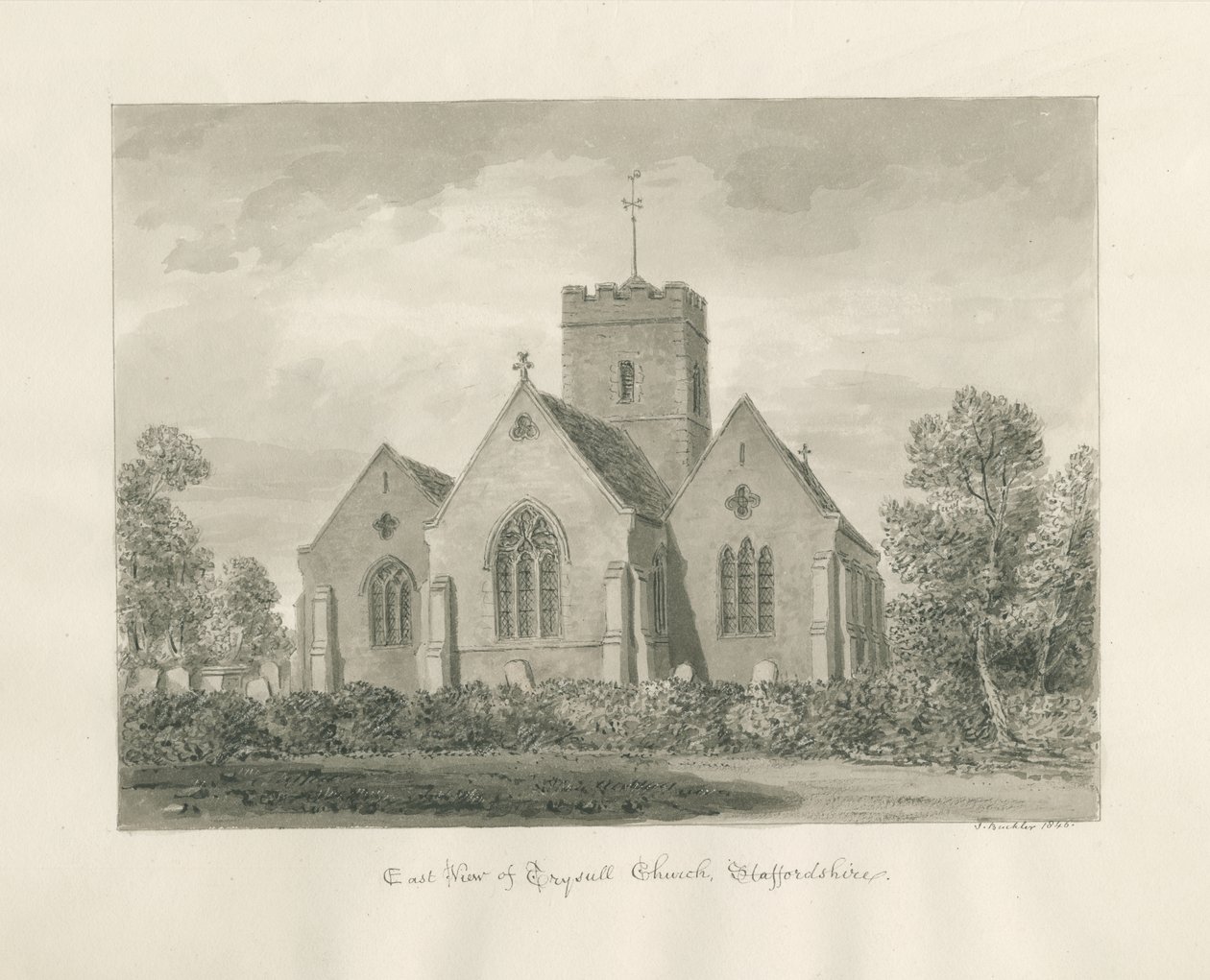 Trysullin kirkko: seepiapesupiirustus, 1846 tekijältä John Buckler