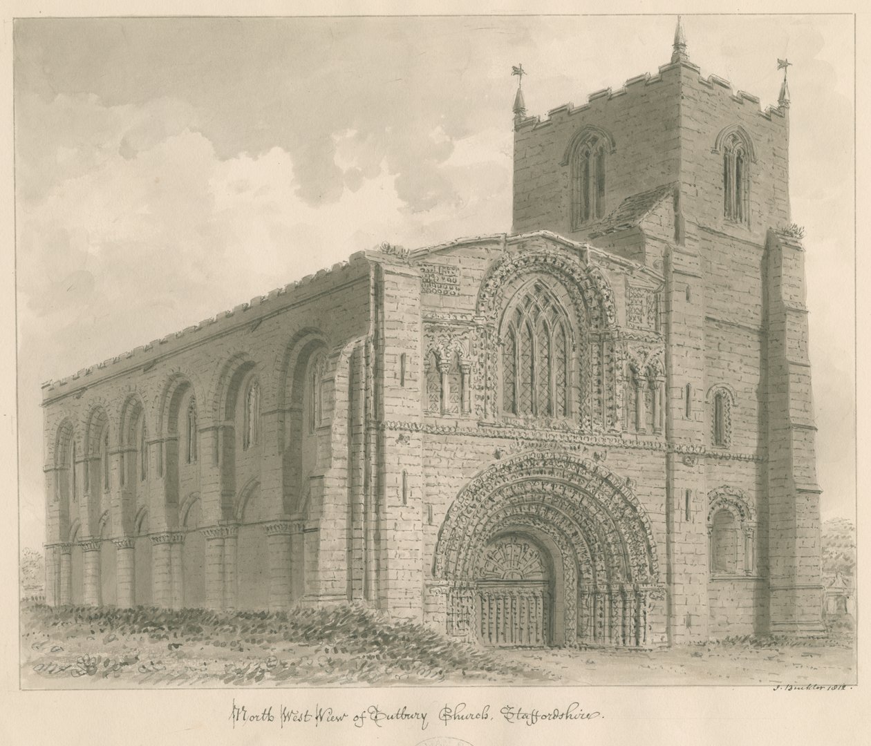Tutbury Priory Church: seepiapiirustus tekijältä John Buckler