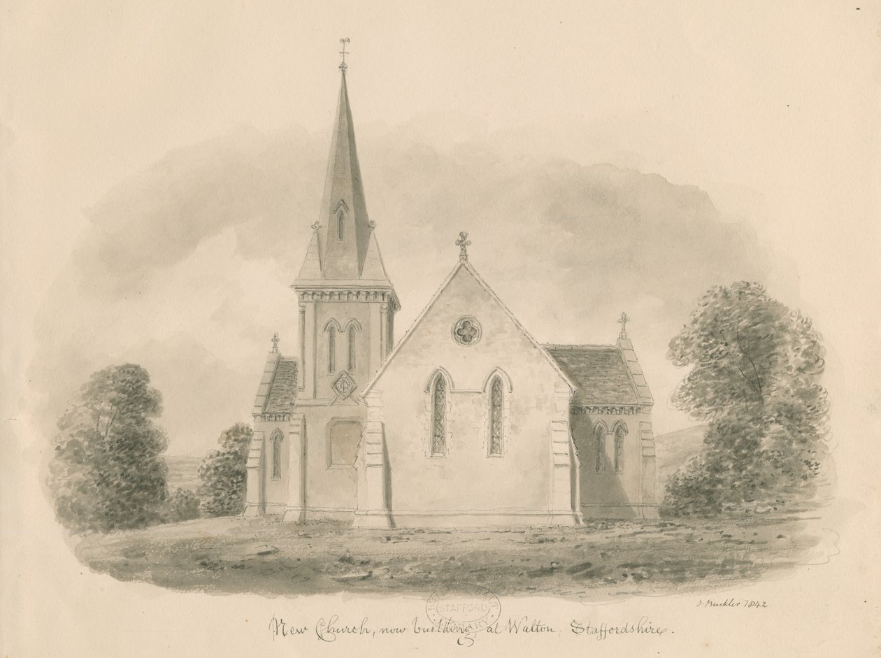 Walton-on-the-Hill Church: seepiapiirustus, 1842 tekijältä John Buckler
