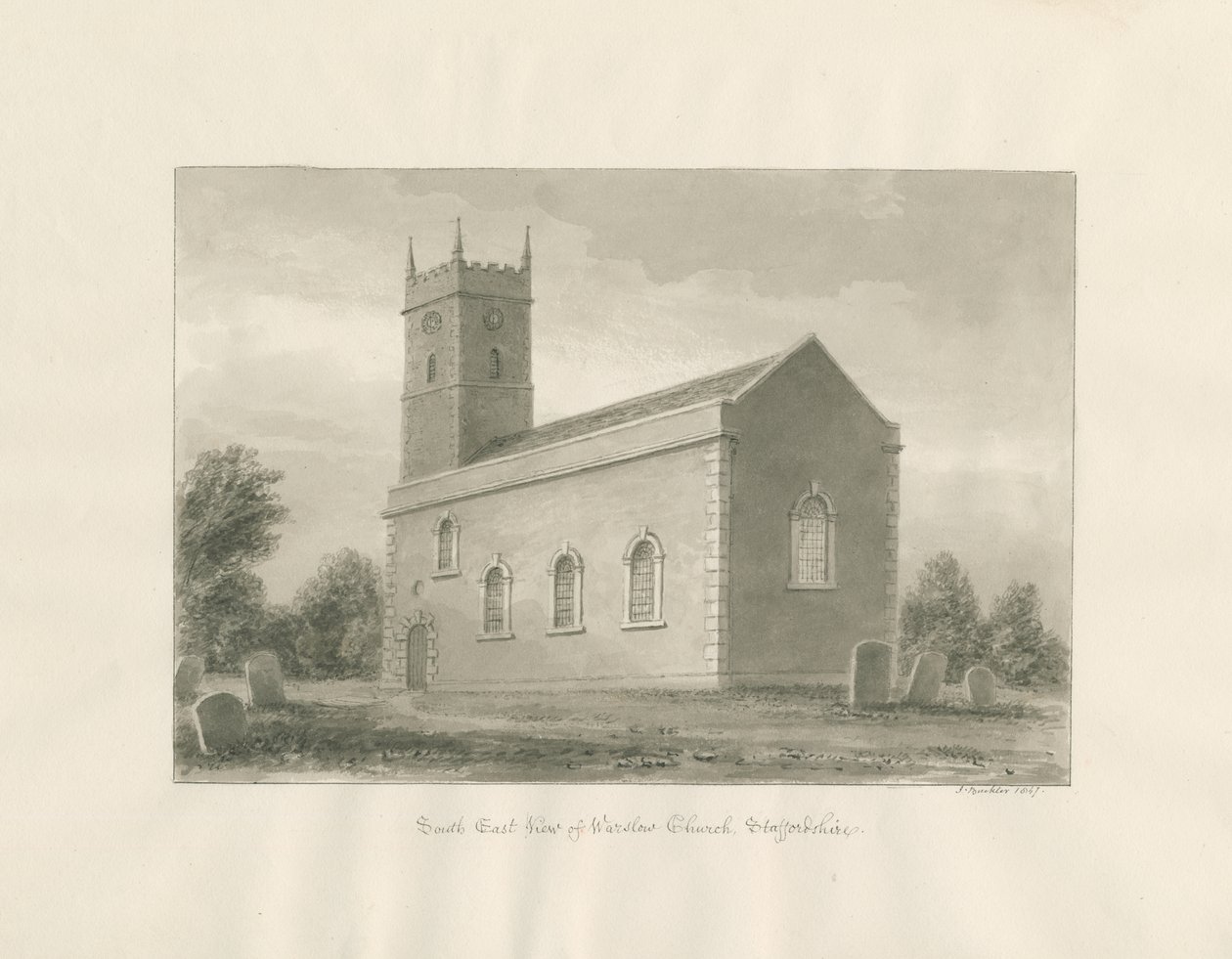 Warslow Church: seepiapiirustus tekijältä John Buckler