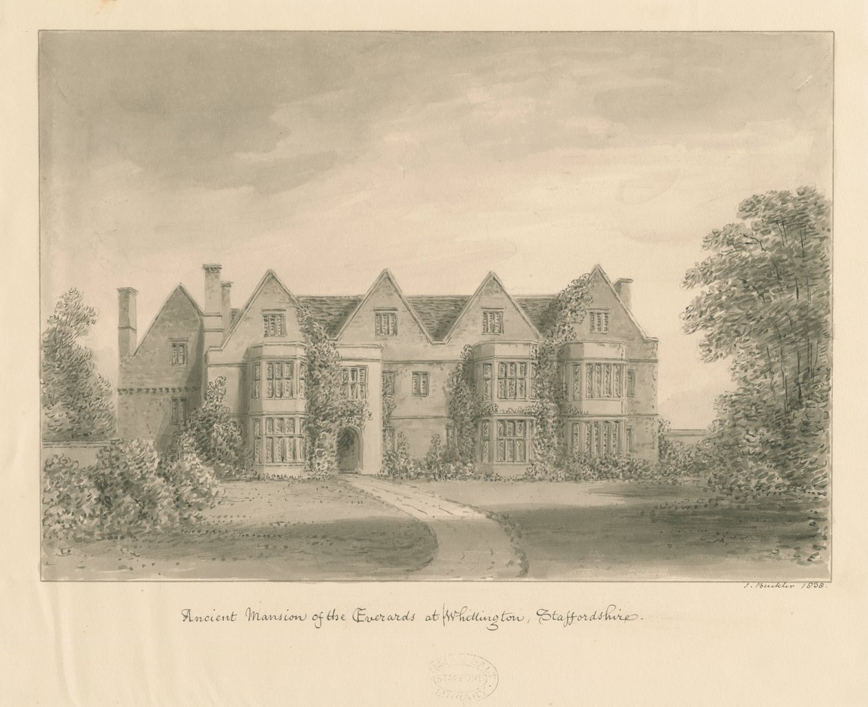 Whittington Hall: seepiapiirustus, 1838 tekijältä John Buckler
