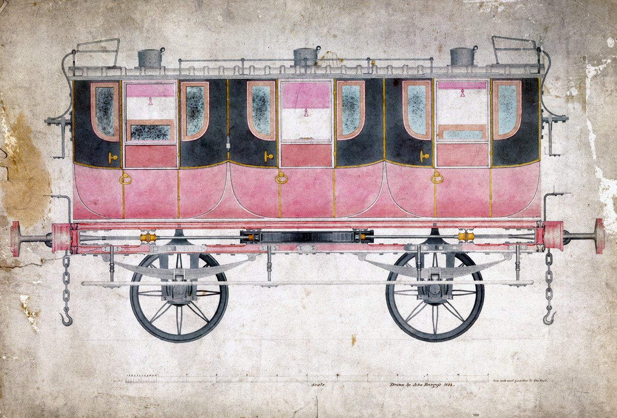 Manchester & Leeds Railwayn ensimmäisen luokan vaunu, n. 1844 tekijältä John Burgess