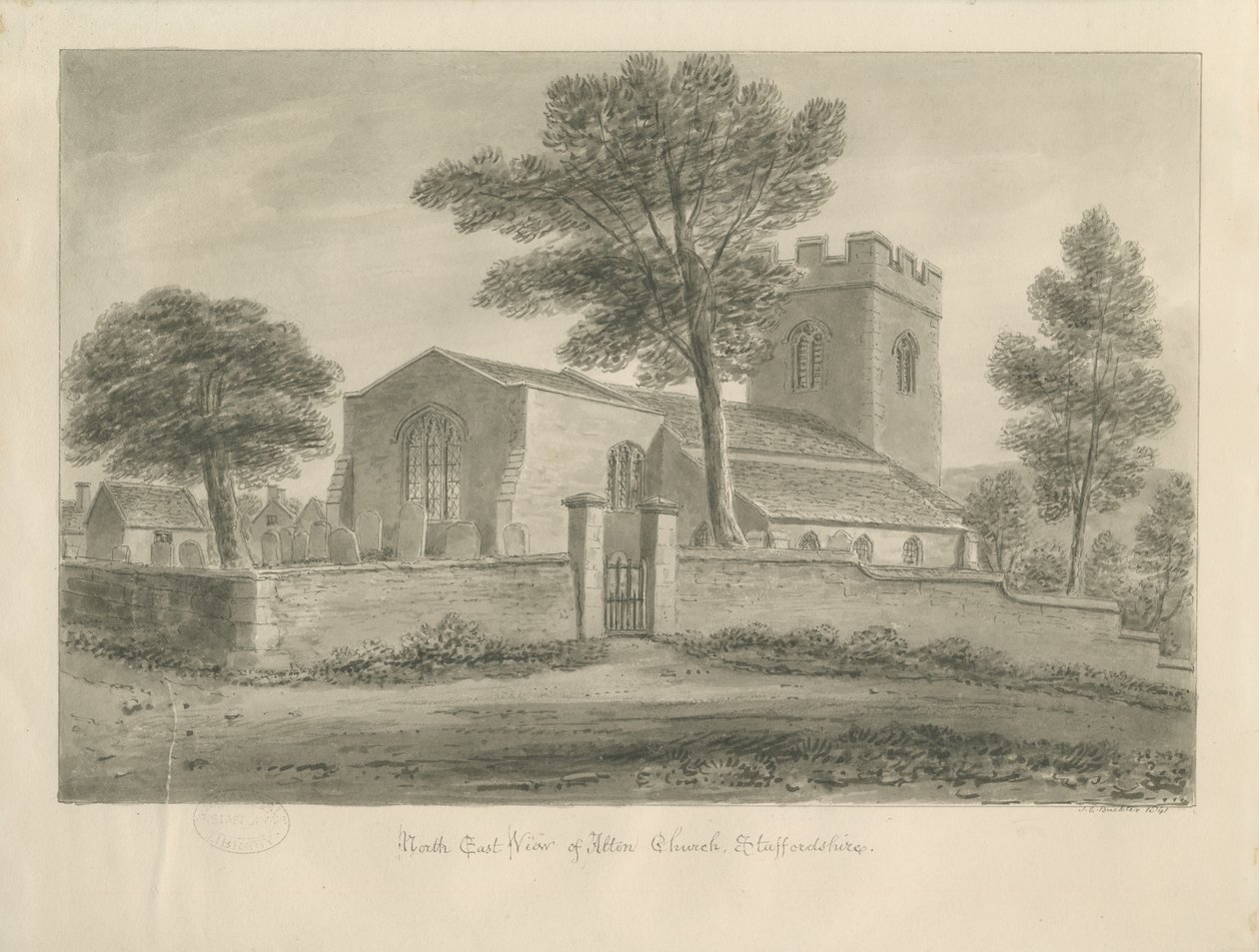 Alton Church: seepiapiirros, 1841 tekijältä John Chessell Buckler