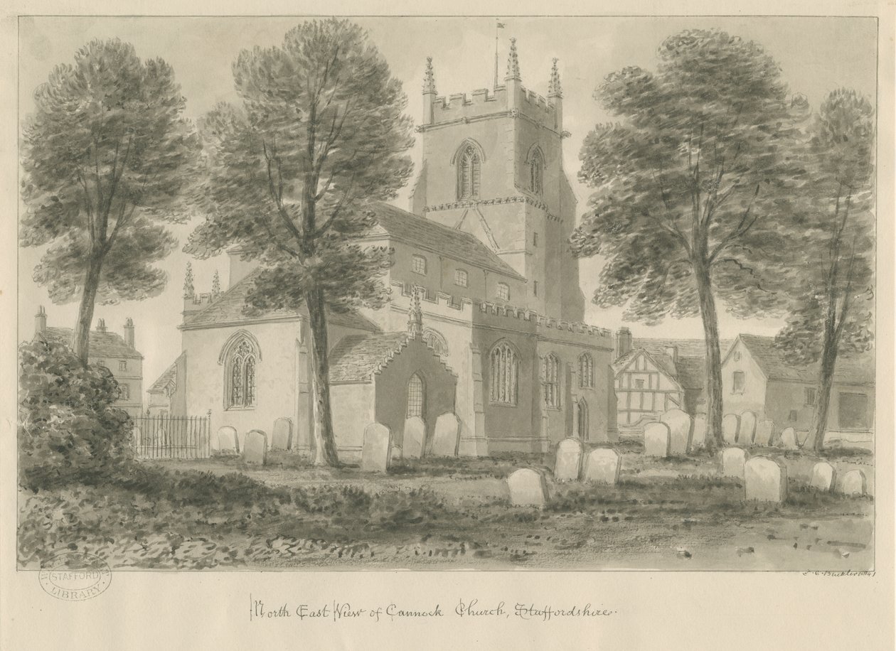 Cannock Church: seepiapiirustus tekijältä John Chessell Buckler