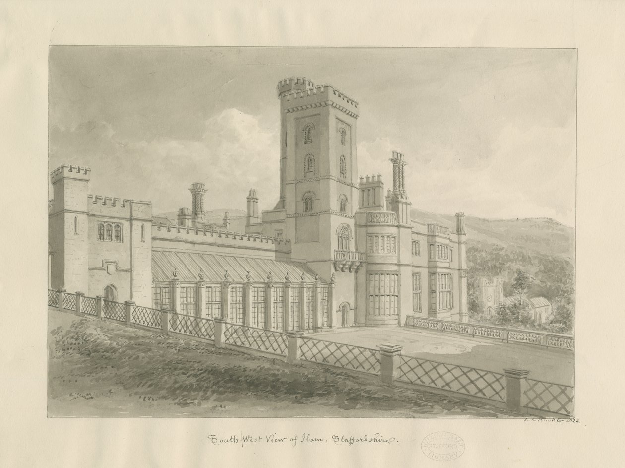 Ilam Hall: seepiapiirustus tekijältä John Chessell Buckler