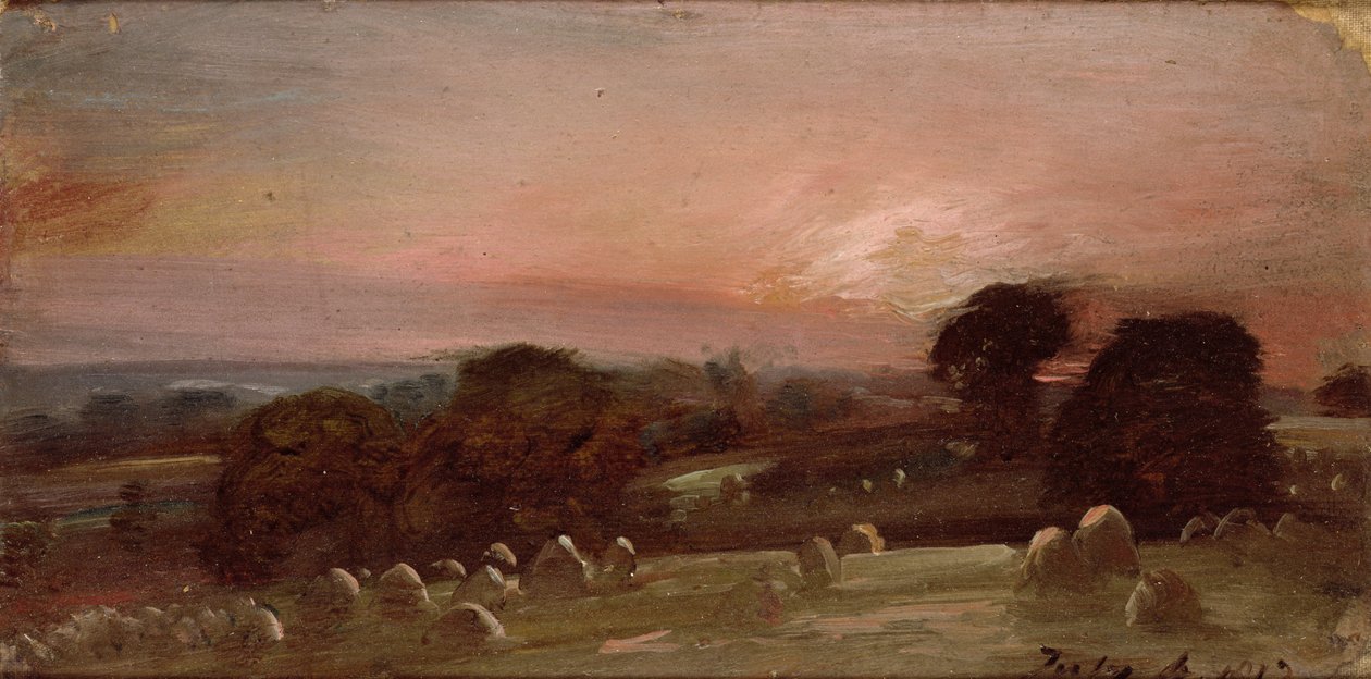 Heinäpelto lähellä East Bergholtia auringonlaskun aikaan tekijältä John Constable