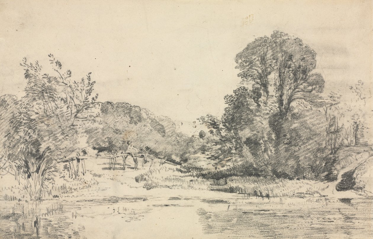 Maisema ja puita ympäröivät lampi. tekijältä John Constable