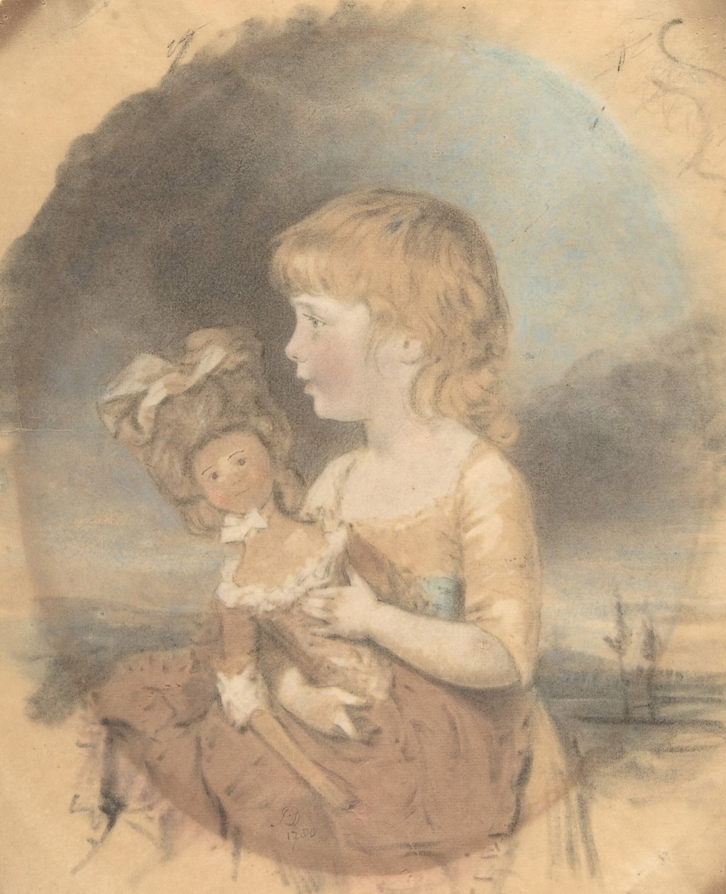 Lapsi pitelee nukkea, 1780. tekijältä John Downman
