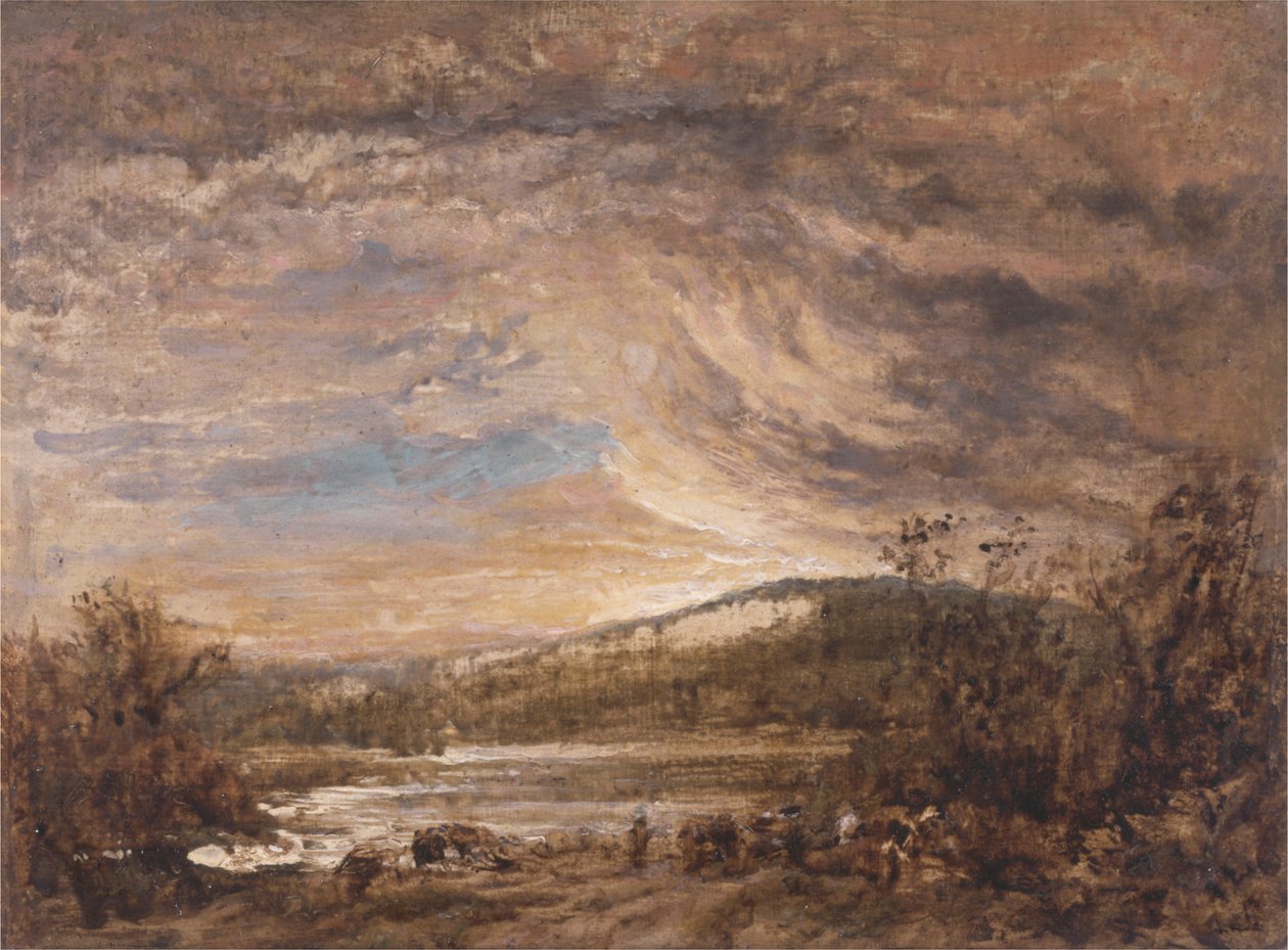Jokimaisema, auringonlasku tekijältä John Linnell
