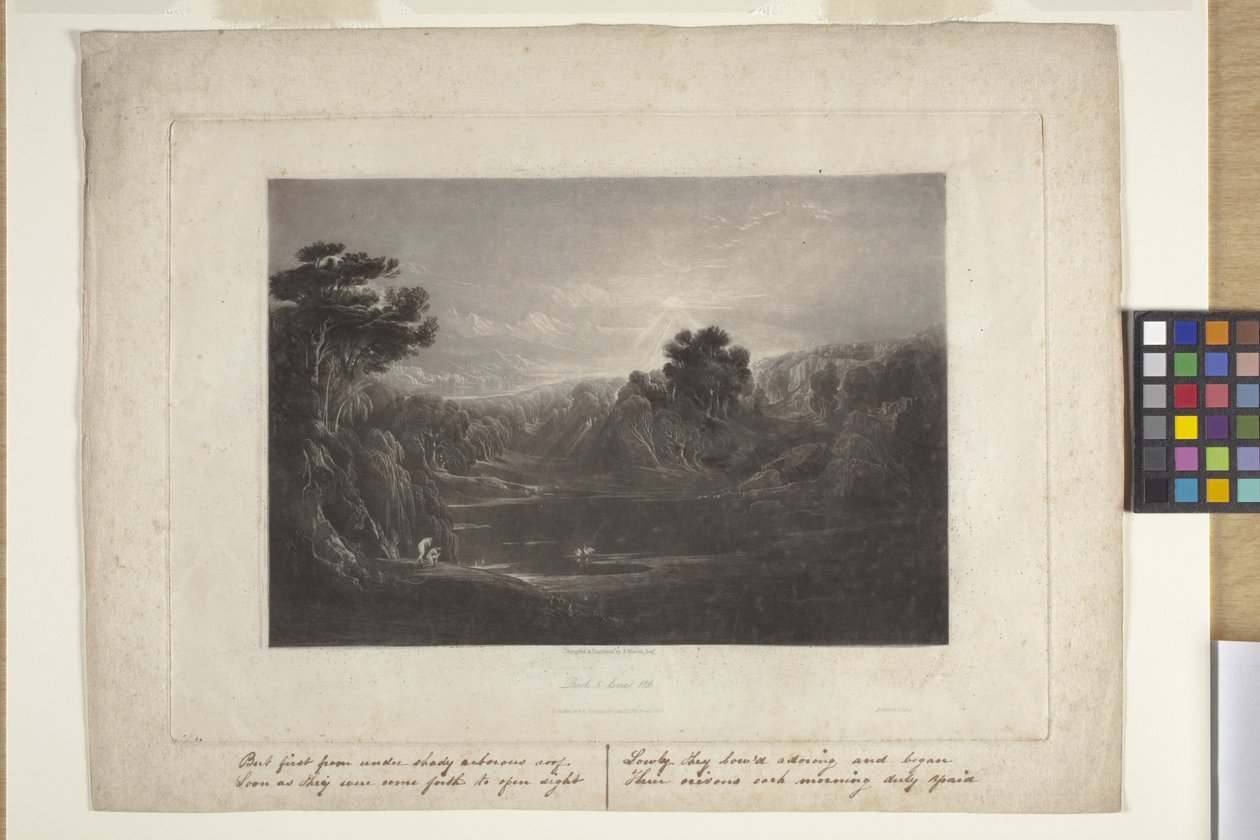 Paratiisi-Aamamin ja Eevan aamuhymni (mezzotint) tekijältä John Marin