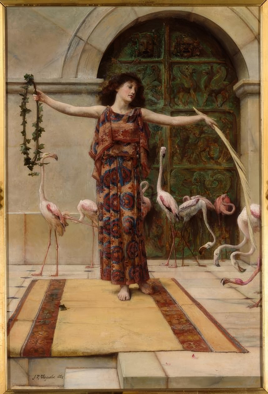 J.R.Waguelin, Frau mit Rosaflamingos / Gemälde, 1885 tekijältä John Reinhard Weguelin