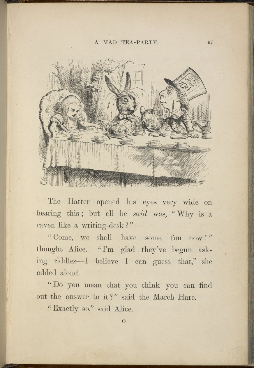 Liisa Hatuntekijän teejuhlissa. tekijältä John Tenniel