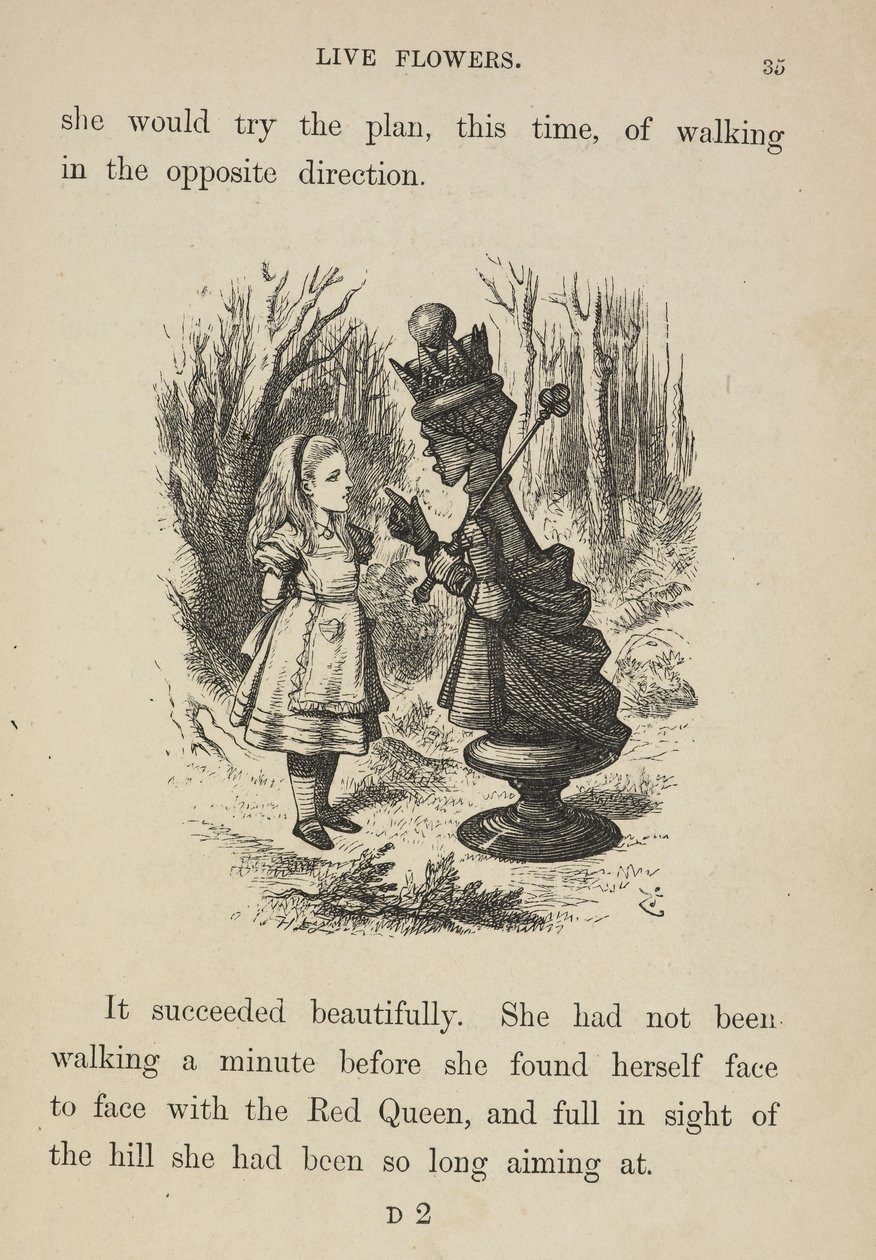 Alice kohtaa punaisen kuningattaren. tekijältä John Tenniel