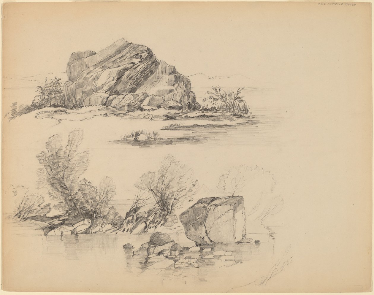 Kalliot järven rannalla [recto] tekijältä John William Casilear