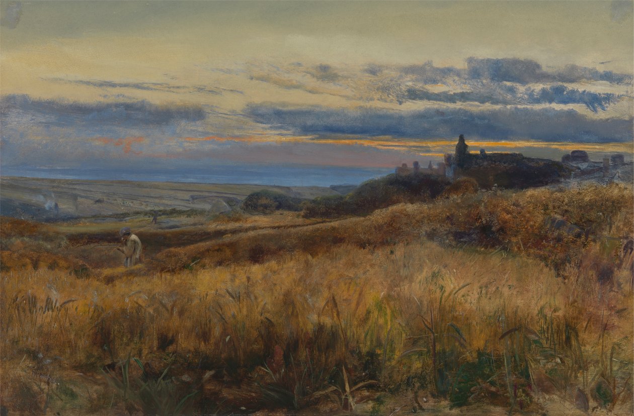 Viljapelto auringonlaskun aikaan tekijältä John William Inchbold