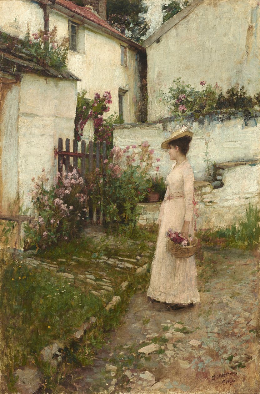 Kukkien kerääminen Devonshiren puutarhassa tekijältä John William Waterhouse